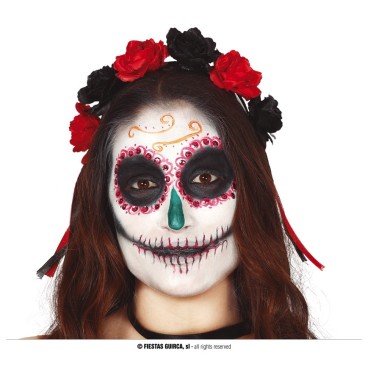 ×DIADEMA CALAVERA CON FLORES ROJAS Y NEGRAS