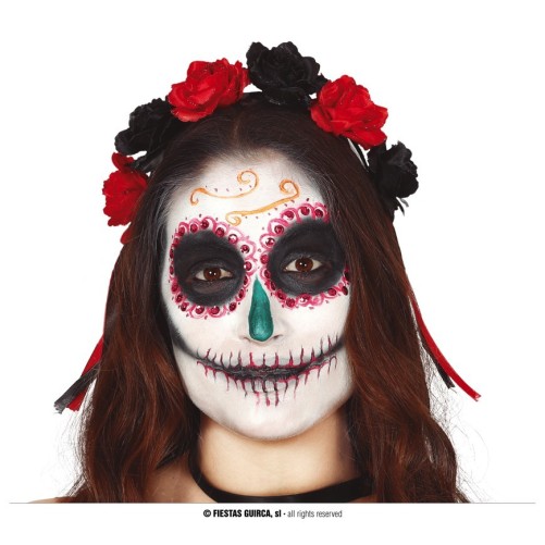 ×DIADEMA CALAVERA CON FLORES ROJAS Y NEGRAS
