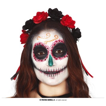 ×DIADEMA CALAVERA CON FLORES ROJAS Y NEGRAS