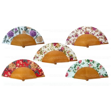 ABANICO MADERA PERICÓN BEIGE TELA FLOR