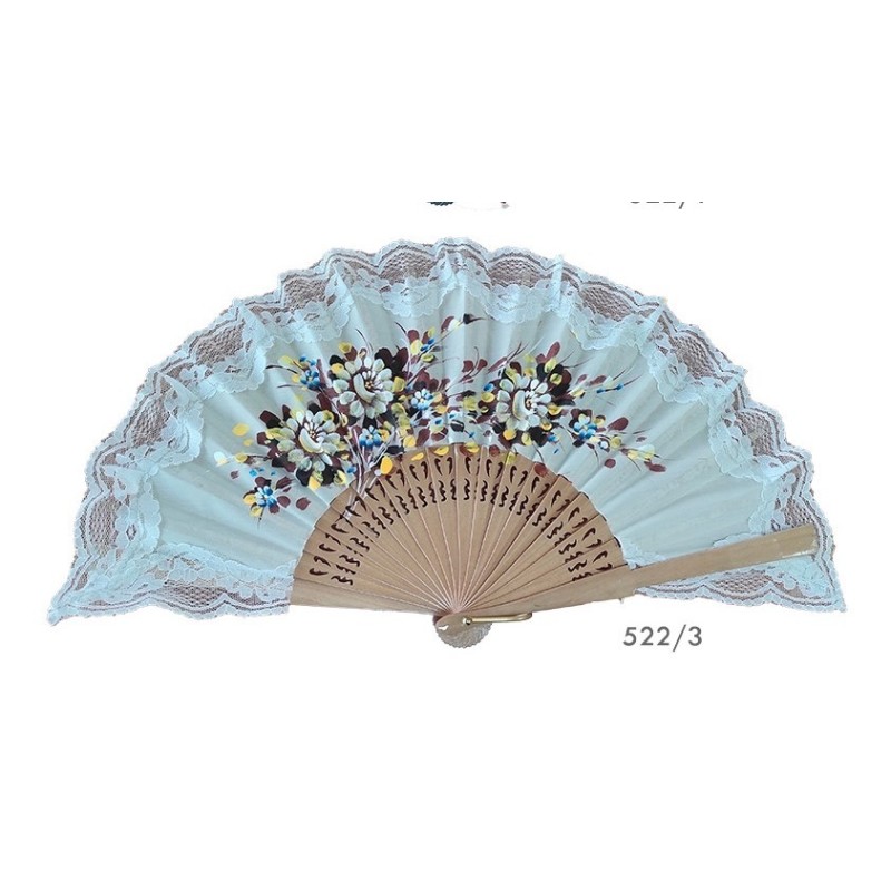 ABANICO PINTADO MADERA FLORES PUNTILLA ABANICO PINTADO MADERA FLORES PUNTILLA