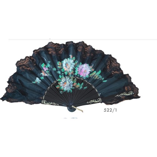 ABANICO PINTADO MADERA FLORES PUNTILLA